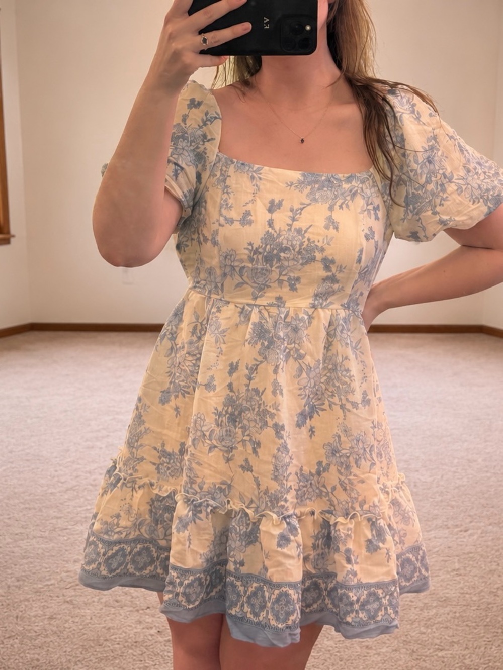 Summer Floral Square-Neck Dress in Cream & Light Blue